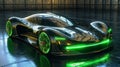 Black Future Electric Sport Car concept with some Green lights effects without any brand inside an empty Parking - AI Generated
