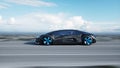Black futuristic electric car on highway in desert. Very fast driving. Concept of future. 3d rendering.