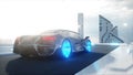 Black futuristic electric car very fast driving in sci fi sity, town. Concept of future. 3d rendering. Royalty Free Stock Photo