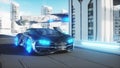 Black futuristic electric car very fast driving in sci fi sity, town. Concept of future. 3d rendering.