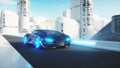 Black futuristic electric car very fast driving in sci fi sity, town. Concept of future. Realistic 4k animation.