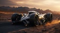 Black futuristic sports racing car races across land of an alien planet. Futuristic concept of technologies of other