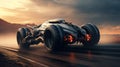 Black futuristic sports racing car races across the land of alien planet. Futuristic concept of technologies of other