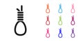 Black Gallows rope loop hanging icon isolated on white background. Rope tied into noose. Suicide, hanging or lynching