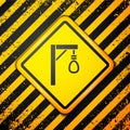 Black Gallows rope loop hanging icon isolated on yellow background. Rope tied into noose. Suicide, hanging or lynching