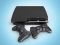 Black game console with joysticks isolated on blue gradient background 3d render