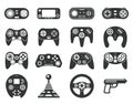 Black game console. Video games joystick, playing device. Isolated computer gadgets, controller and consoles silhouette Royalty Free Stock Photo