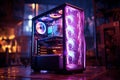 Black Gaming computer with colorful lights in dark room - Ai Generated