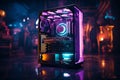 Black Gaming computer with colorful lights in dark room - Ai Generated