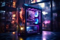 Black Gaming computer with colorful lights in dark room - Ai Generated