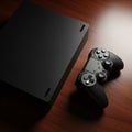 Black gaming console and a wireless game controller rest on a Royalty Free Stock Photo