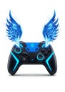 Black gaming controller with neon blue accents and translucent, polygonal blue wings Royalty Free Stock Photo