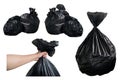 Black Garbage Bags and hold Black Garbage Bags isolate on white background Royalty Free Stock Photo