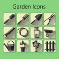 Black gardening icons set over a green background