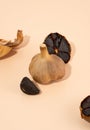 Black garlic bulbs and cloves lie on a beige table. A conceptual composition of fermented food with a hard shadow. Healthy Royalty Free Stock Photo