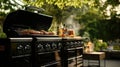 A black gas grill with multiple burners and storage space, designed for outdoor cooking Royalty Free Stock Photo