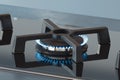 Black gas stove with burning blue flame. Interior of bright modern stylish kitchen. 3d rendering. Royalty Free Stock Photo