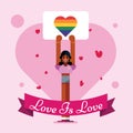 Black gay lgbt girl holding pride month love is love placard with rainbow hearts vector illustration poster Royalty Free Stock Photo