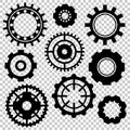 Black gear wheel  icon set on transparent background. Technological or machinery symbol. Industrial clipart Royalty Free Stock Photo