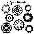 Black gear wheel icon set on white background. Black and white gear wheel logo. Technological or machinery symbol