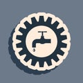 Black Gearwheel with tap icon isolated on grey background. Plumbing work symbol. Long shadow style. Vector