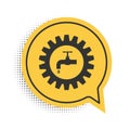 Black Gearwheel with tap icon isolated on white background. Plumbing work symbol. Yellow speech bubble symbol. Vector