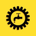 Black Gearwheel with tap icon on yellow background. Plumbing work symbol. Long shadow style. Vector