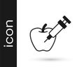 Black Genetically modified apple icon isolated on white background. GMO fruit. Syringe being injected to apple. Vector Royalty Free Stock Photo