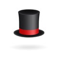 Black gentleman hat cylinder with red ribbon. Elegance and aristocratic symbol. Volumetric icon isolated on white background. Vect Royalty Free Stock Photo