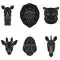 The Black Geometric Heads Of Rhino, Lion, Hippo, Giraffe, Gorilla And Zebra. Set Polygonal Abstract Animals Of Africa
