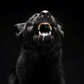 Black German shepherd barking in dark studio