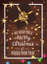 Black gift box with a beautiful gold bow on wooden background. Merry Christmas and Happy New Year greeting card. Vintage Royalty Free Stock Photo