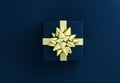 Black gift box with big golden bow. Christmas box template black background. Luxury packaging collection. Present box top view. 3D Royalty Free Stock Photo