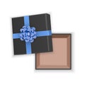 Black gift box with blue bow, top view, open empty square cardboard box, isolated on transparent background. Vector illustration Royalty Free Stock Photo