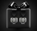 Black Gift Box Countdown Timer. Elegant dark design with glossy ribbon and bow. Royalty Free Stock Photo