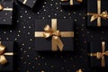 Black Gift Box with Golden Bow Overhead View Royalty Free Stock Photo