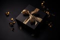 Black Gift Box with Golden Bow Overhead View Royalty Free Stock Photo