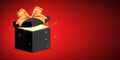 Black gift box with golden ribbon and glitter light shining from inside on red background. Holiday gift vector banner. Royalty Free Stock Photo