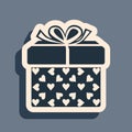 Black Gift box and heart icon isolated on grey background. Packaging Valentine`s Day. Beautiful festive box tied with