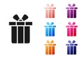 Black Gift box icon isolated on white background. Merry Christmas and Happy New Year. Set icons colorful. Vector Royalty Free Stock Photo