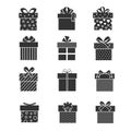 Black gift box icons. Presents signs with ribbons and bows