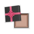 Black gift box with pink bow, top view, open empty square cardboard box, isolated on transparent background. Vector illustration Royalty Free Stock Photo