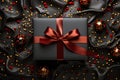 Black gift box with red ribbon and christmas decoration on wooden background. Top view Royalty Free Stock Photo