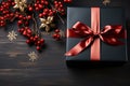 Black gift box with red ribbon and christmas decoration on wooden background. Top view Royalty Free Stock Photo