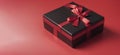 black gift box with red ribbon isolated on red background thanksgiving day