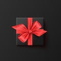 Black gift box with red ribbon, top view, Vector illustration