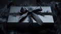 A black gift box set against a dark contrasting background, adorned with a textured bow and feathers Royalty Free Stock Photo