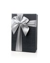 Black gift box with silver ribbon bow isolated on white background Royalty Free Stock Photo