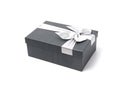 Black gift box with silver ribbon bow isolated on white background Royalty Free Stock Photo