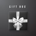 Black gift box with white, silver bow and ribbon top view. Element for decoration gifts, greetings, holidays. Vector illustration Royalty Free Stock Photo